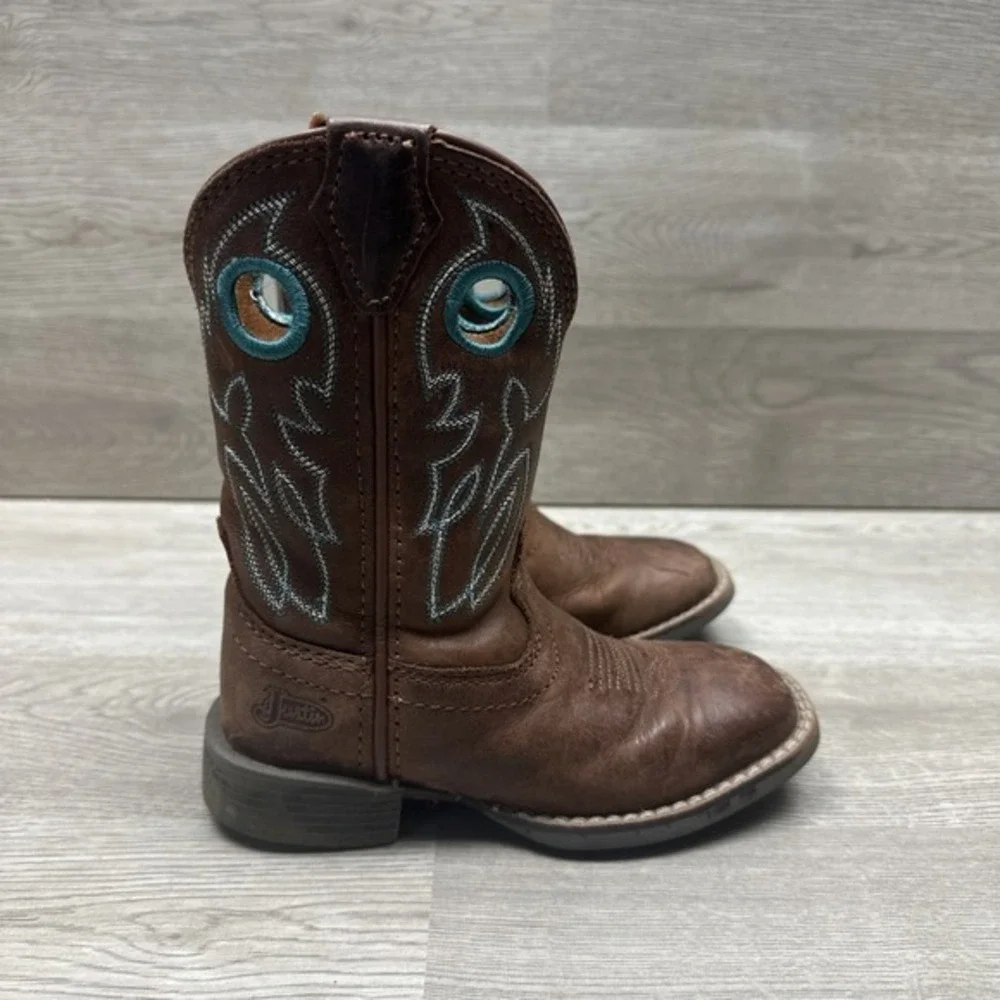 Justin Bowline Junior Kids Youth Brown‎ Leather Square Toe Pull-on Boots Size 9D